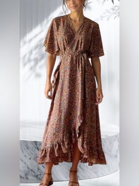 Vintage Floral Wrap Maxi Dress in Rust